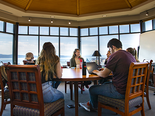Students collaborating in the Vista Room of the Miller Information Commons