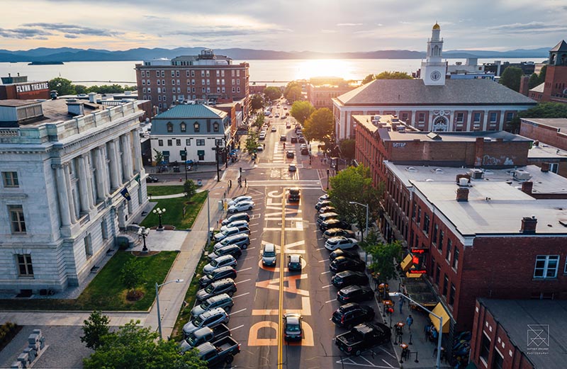 An aerial view of downtown Burlington looking west over Lake Champlain