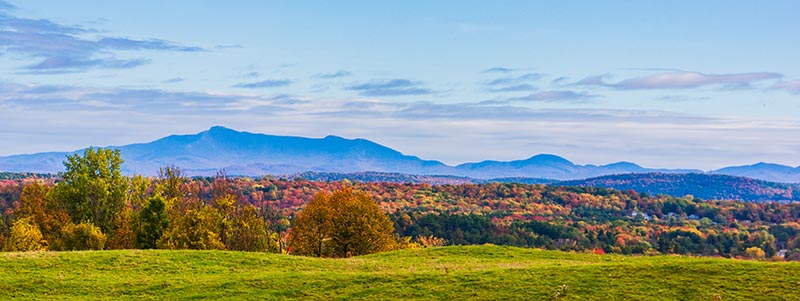 Landscape view of the Green Mountains with fall foliage