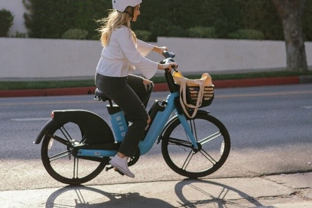 Person wearing a white bicycle helmet, riding an electric bicycle with the name "Bird" on the side of the bike.