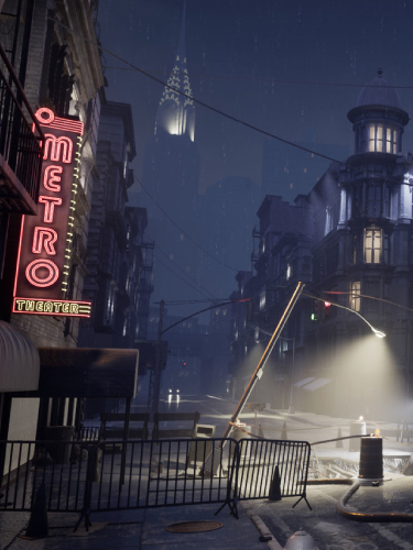 Game art of a nighttime city street