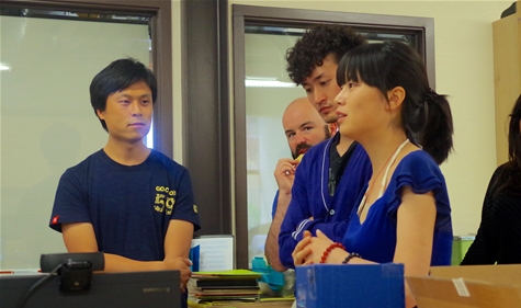 Ming Hu, ZiChen "Jin" Liu, and Kang "Kiki" Jing during a Puzzles and Prototypes class in the Champlain College MakerLab.