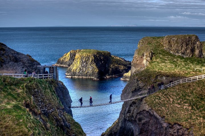 Champlain students cross the Carrick-a-Rede Rope Bridge in Northern Ireland
