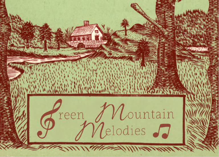 A green and brown landscape of a building next to a stream with a tree in the forefront and the words Green Mountain Melodies at the bottom.