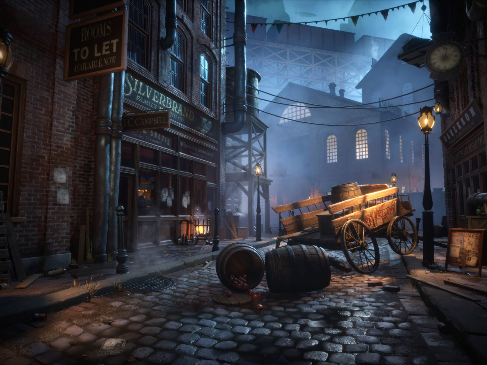game art environment of Victorian era streetscape with a broken down cart in the street
