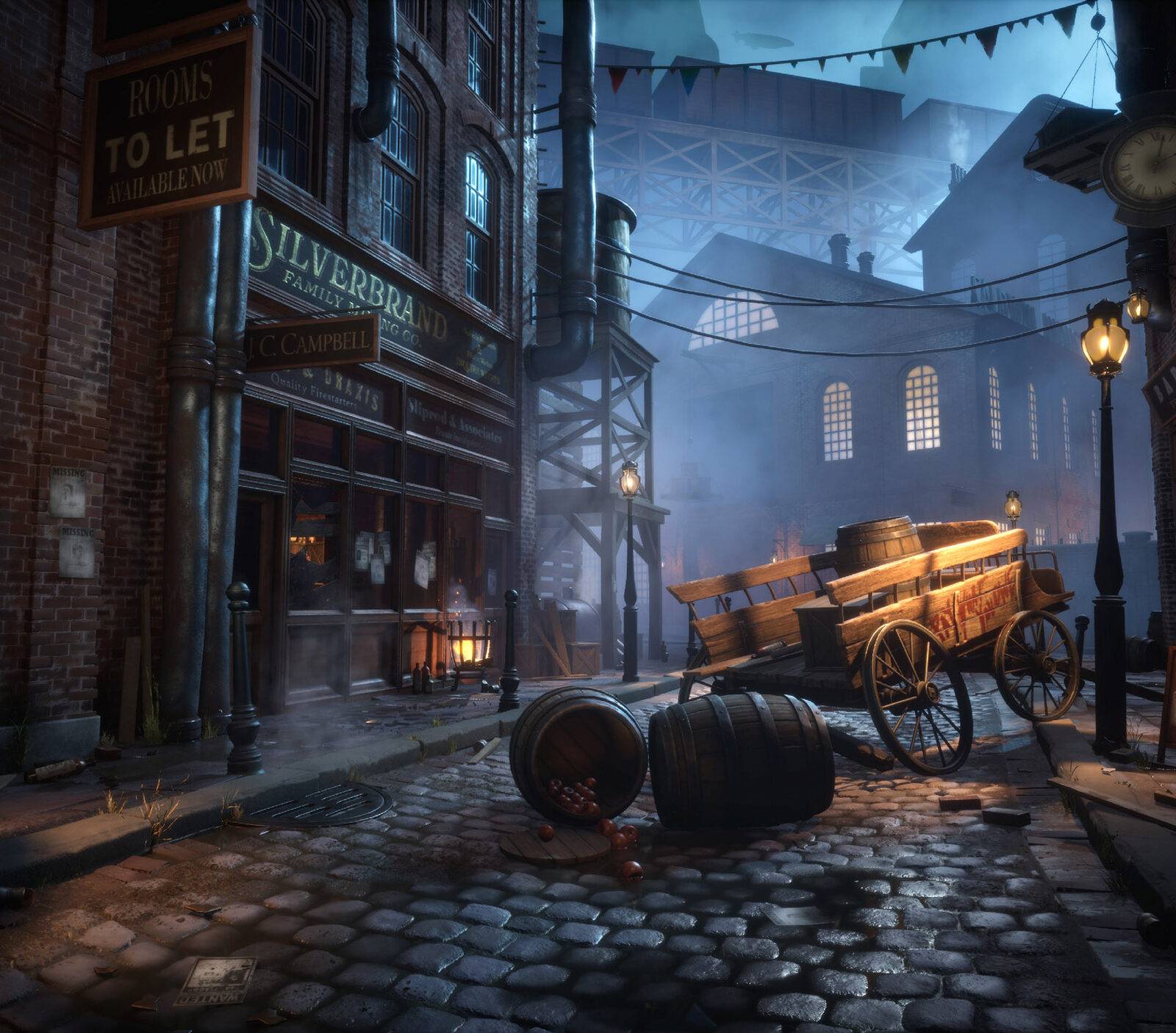 game art environment of Victorian era streetscape with a broken down cart in the street