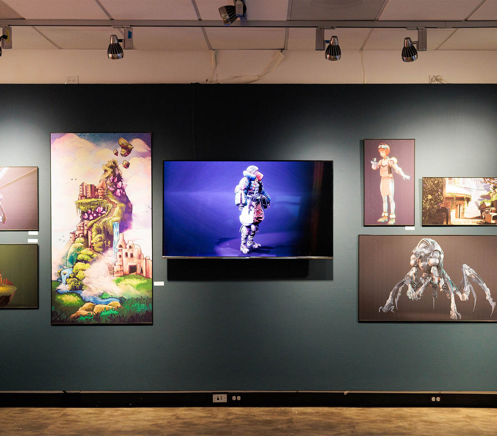 student artwork displayed on a gallery wall