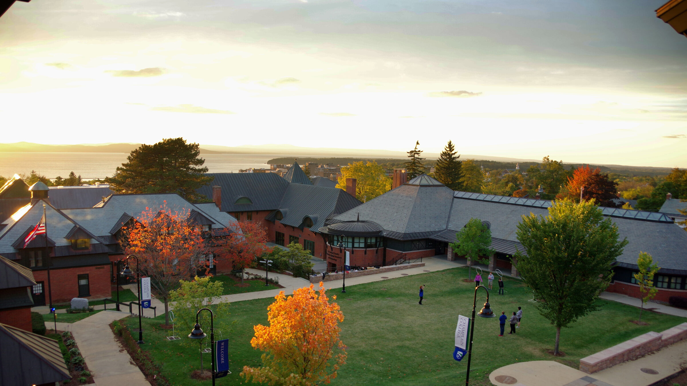 View of Champlain College campus and Lake Champlain from the library terrace in autumn