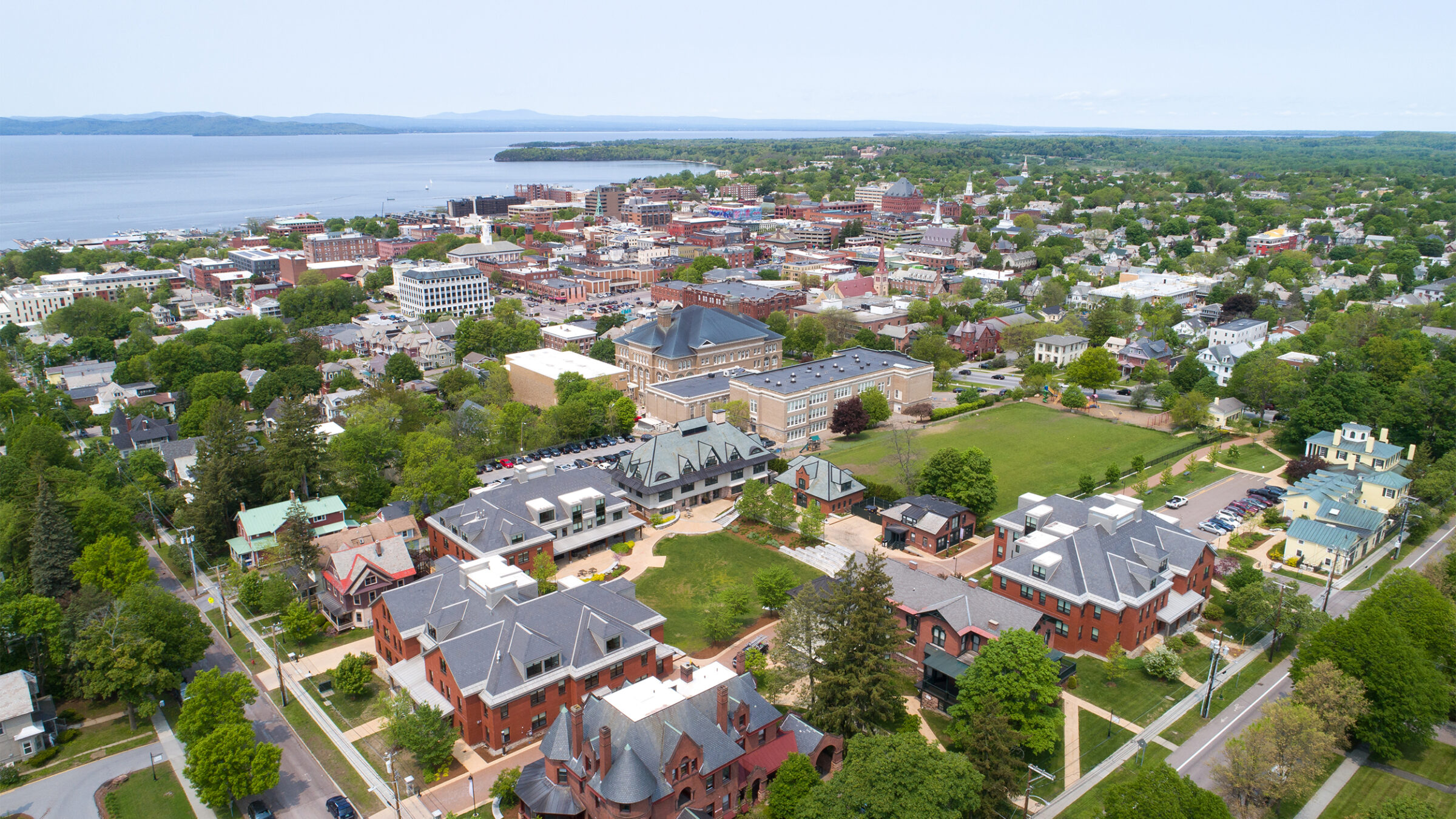 Aerial image of Champlain campus and Burlington