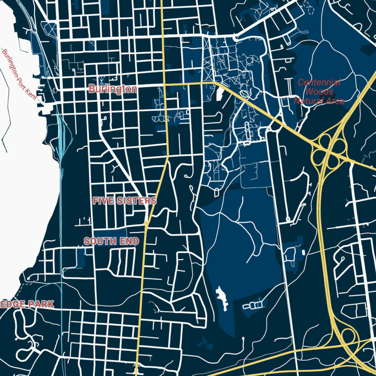 digital map rendering of burlington area in brand colors