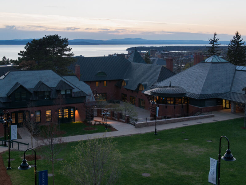 blue hour over the champlain campus quad