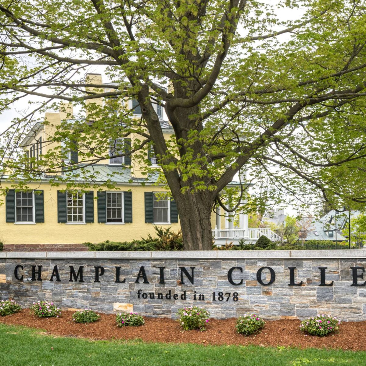 Champlain College sign outside of Skiff Hall
