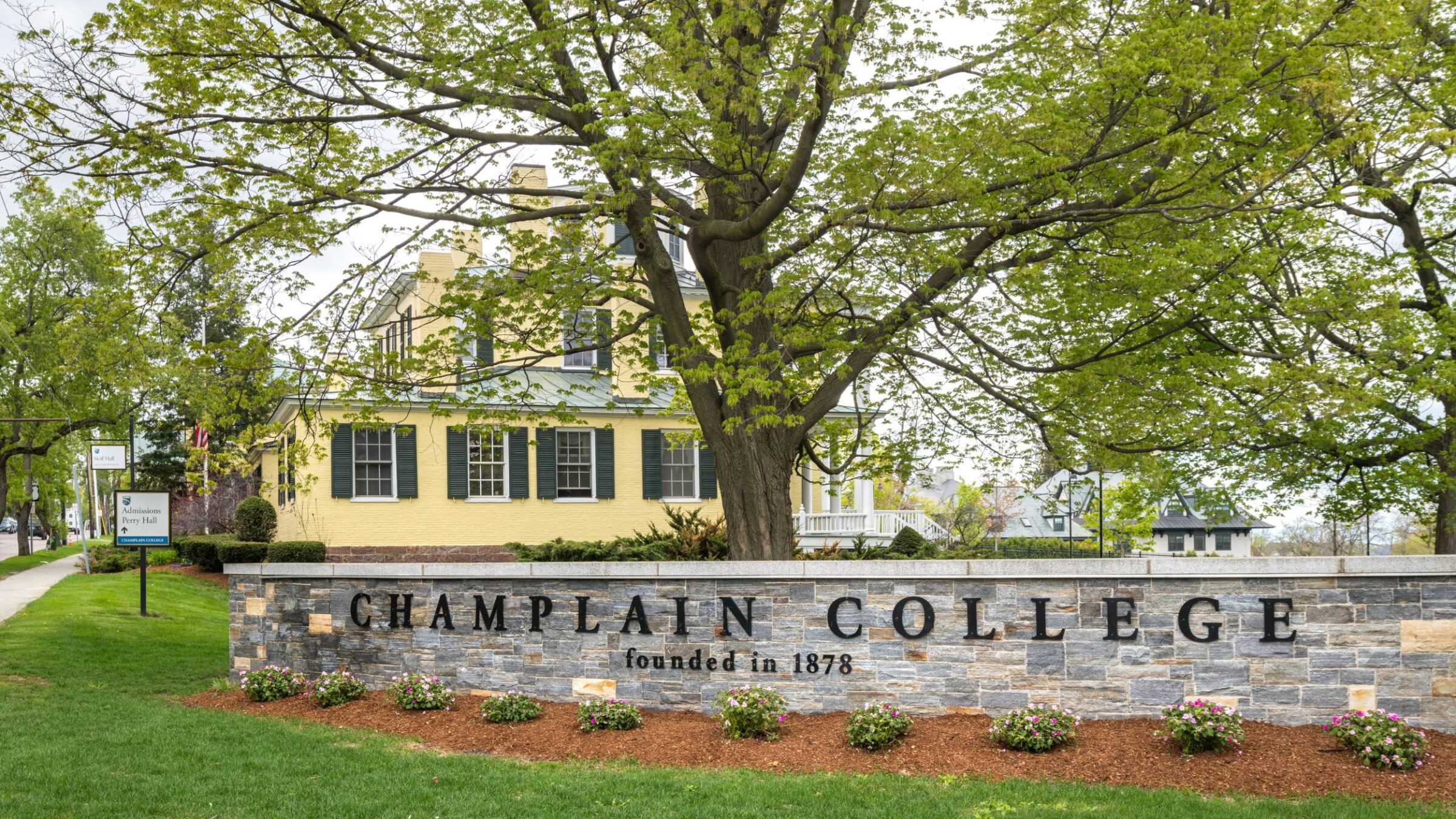 Champlain College sign outside of Skiff Hall