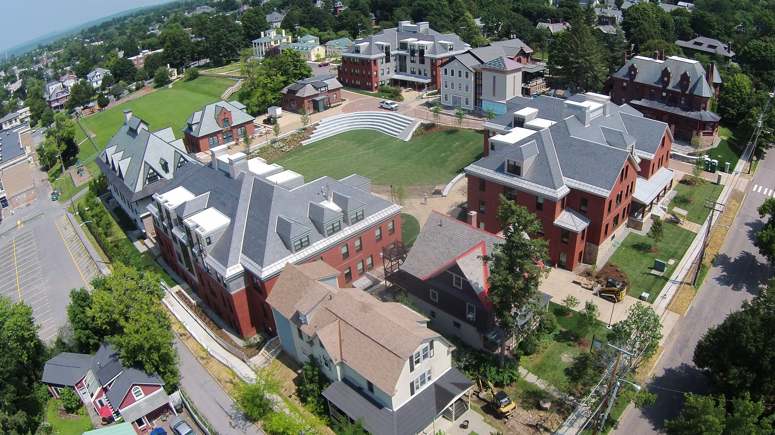 an overhead shot of the newly built juniper, valcour, and butler dorm buildings on campus