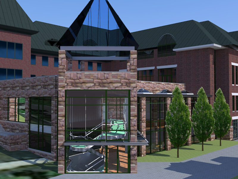a digital rendering of what the communication & creative media building is supposed to look like once complete
