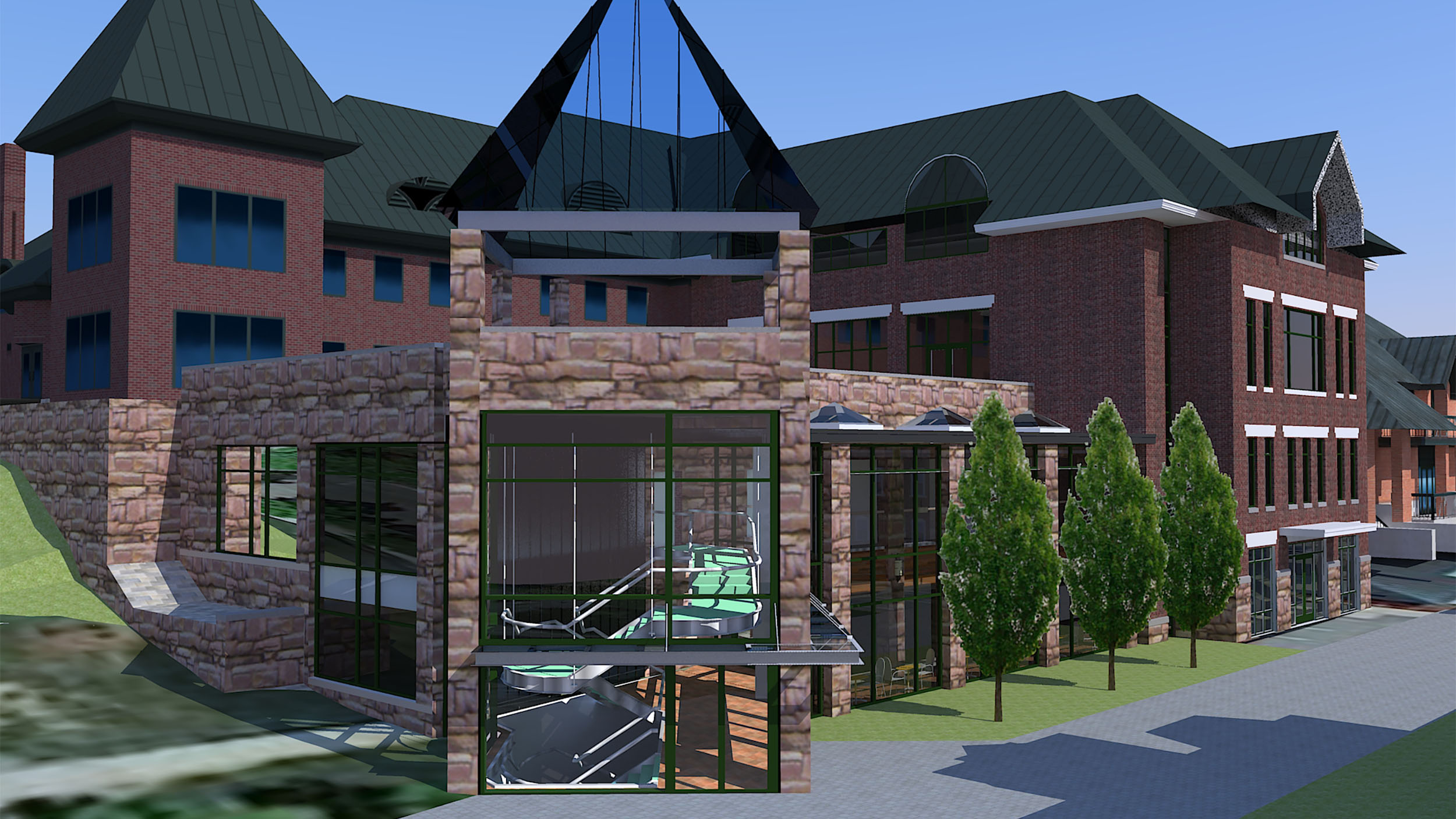 a digital rendering of what the communication & creative media building is supposed to look like once complete
