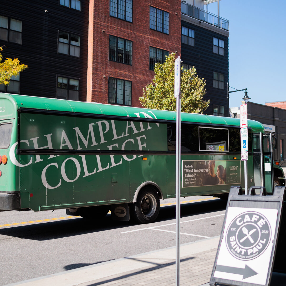 Champlain bus parked downtown