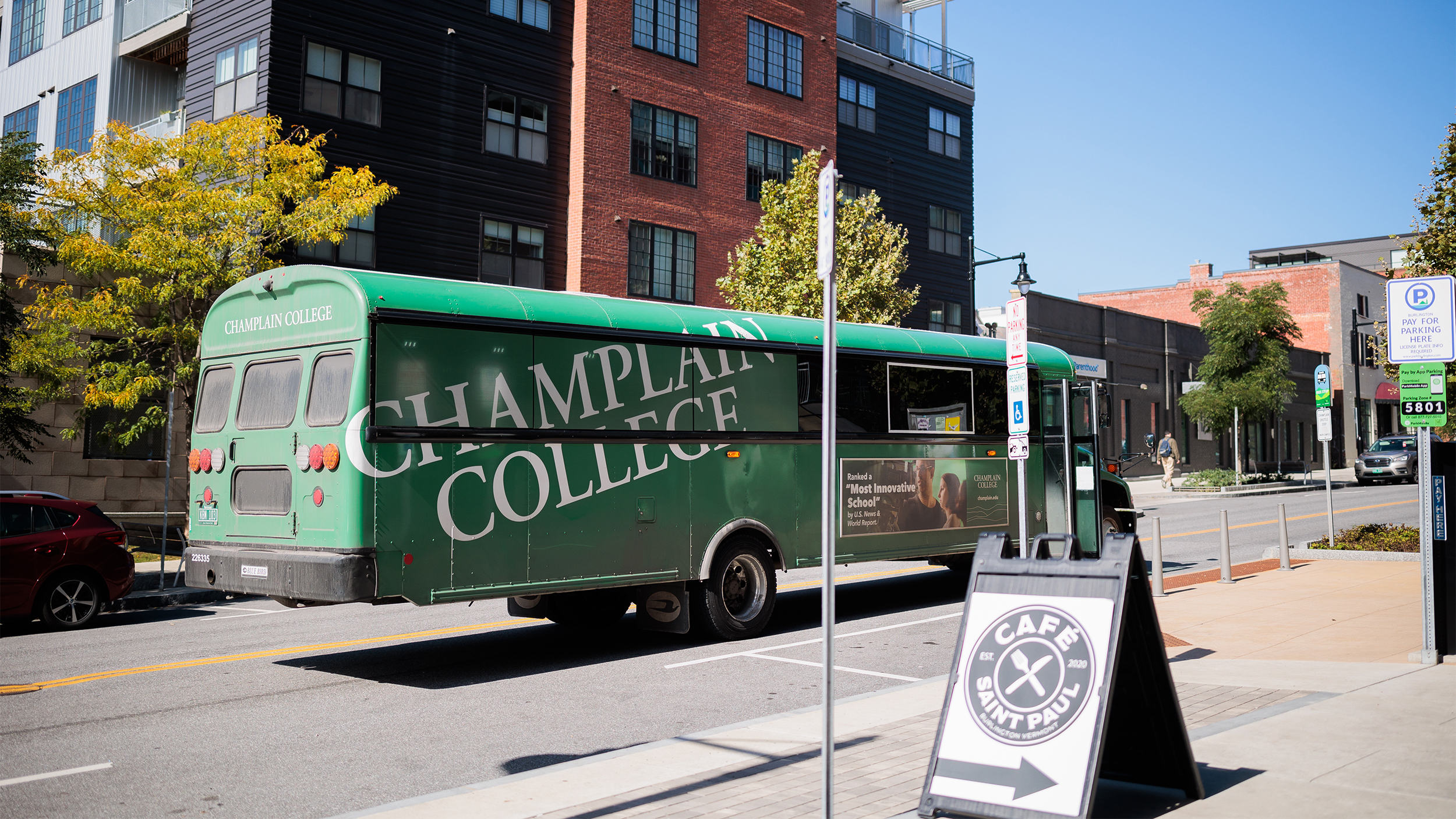 Champlain bus parked downtown