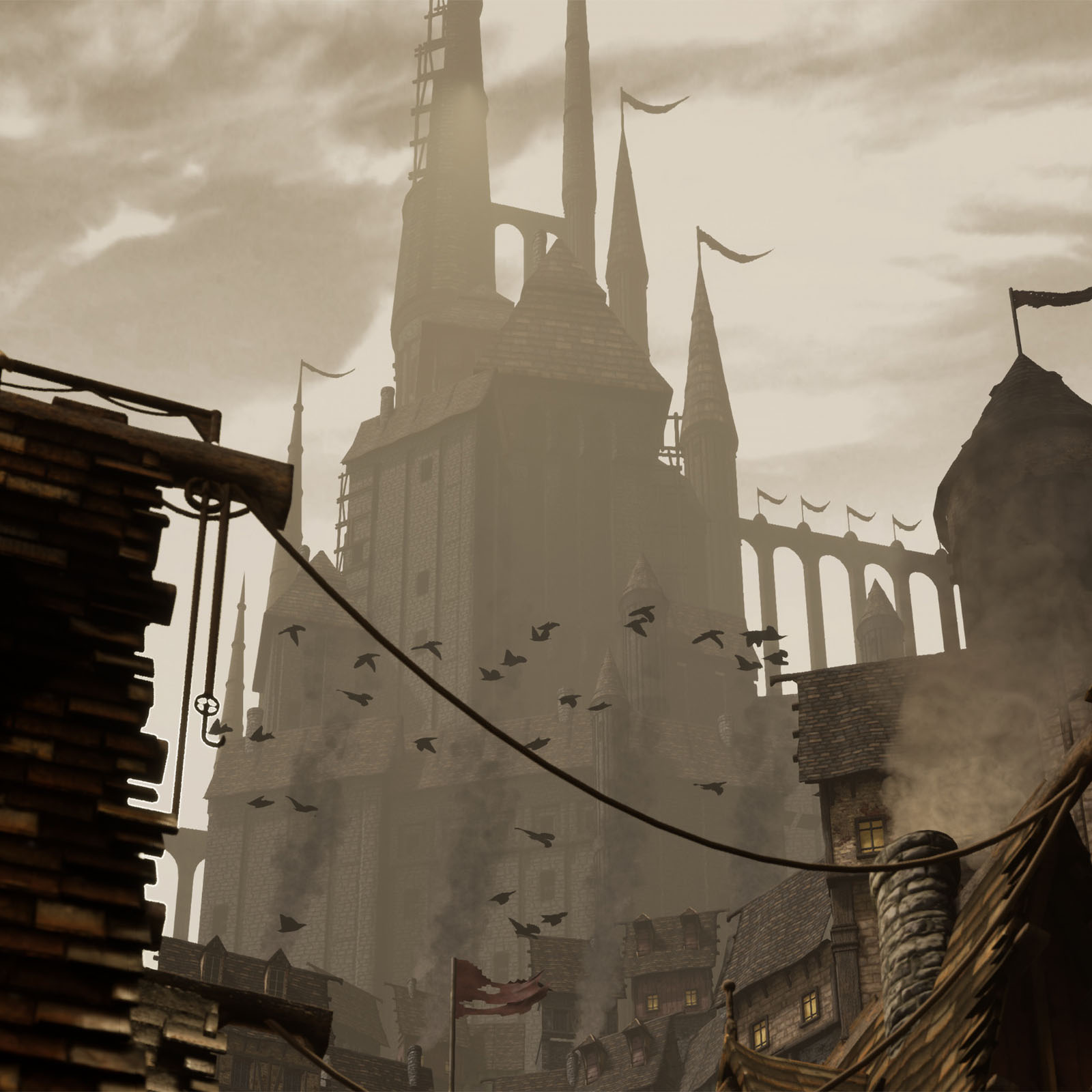 digital rendering of castle in a video game