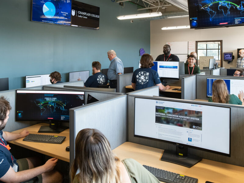 cybersecurity & digital forensics students collaborating in the leahy center