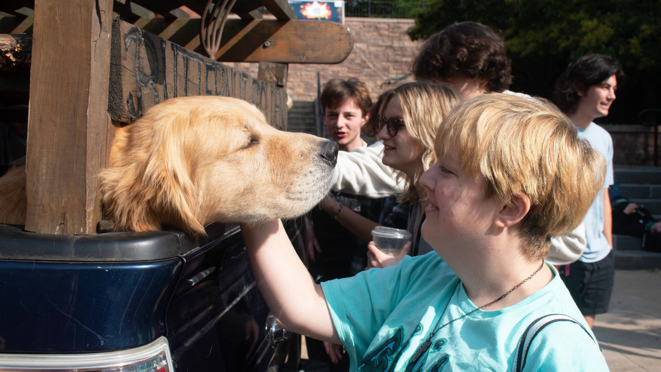 students petting dogs in wellbeing truck on campus