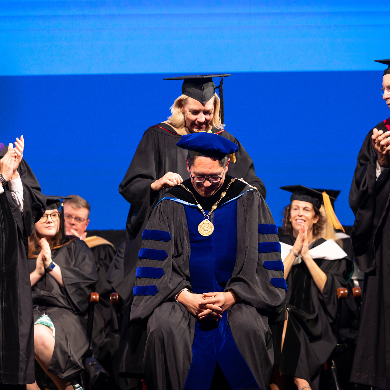Champlain College's President Alex Hernandez receiving a medal at his inauguration