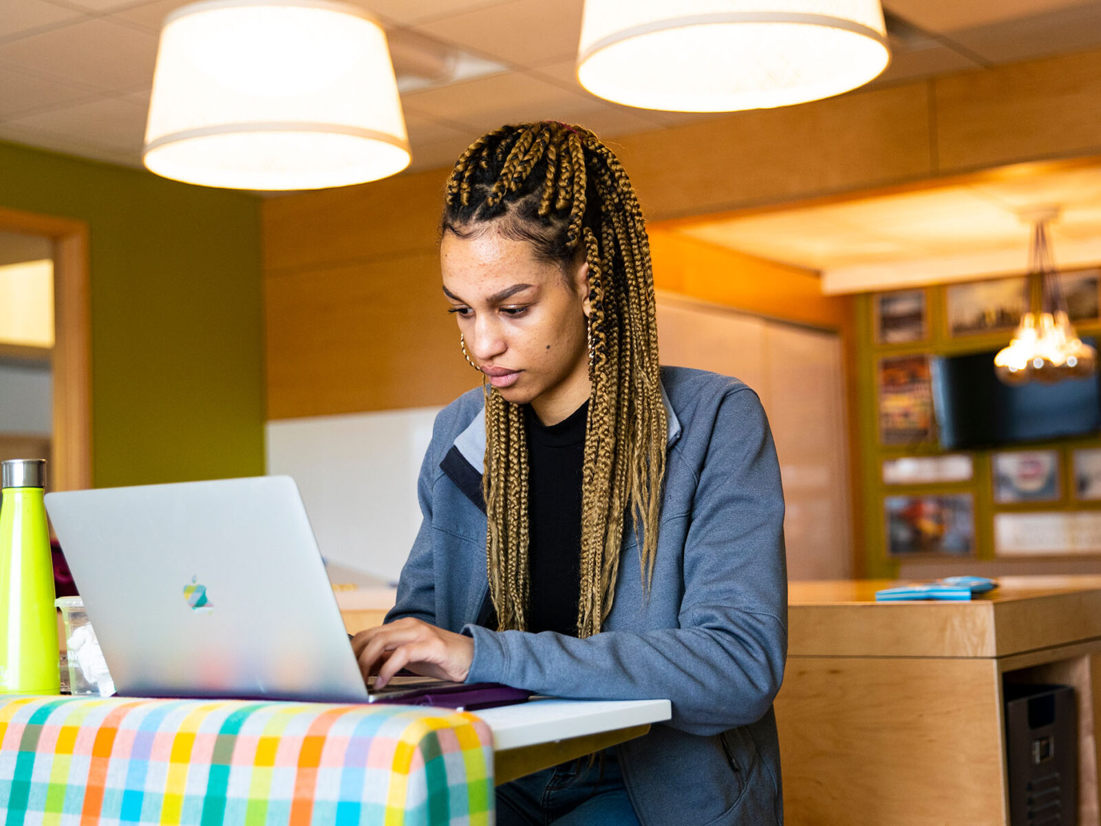 student works on her laptop in the sarah ramsey lab