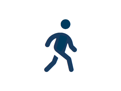 a navy blue icon of a person walking