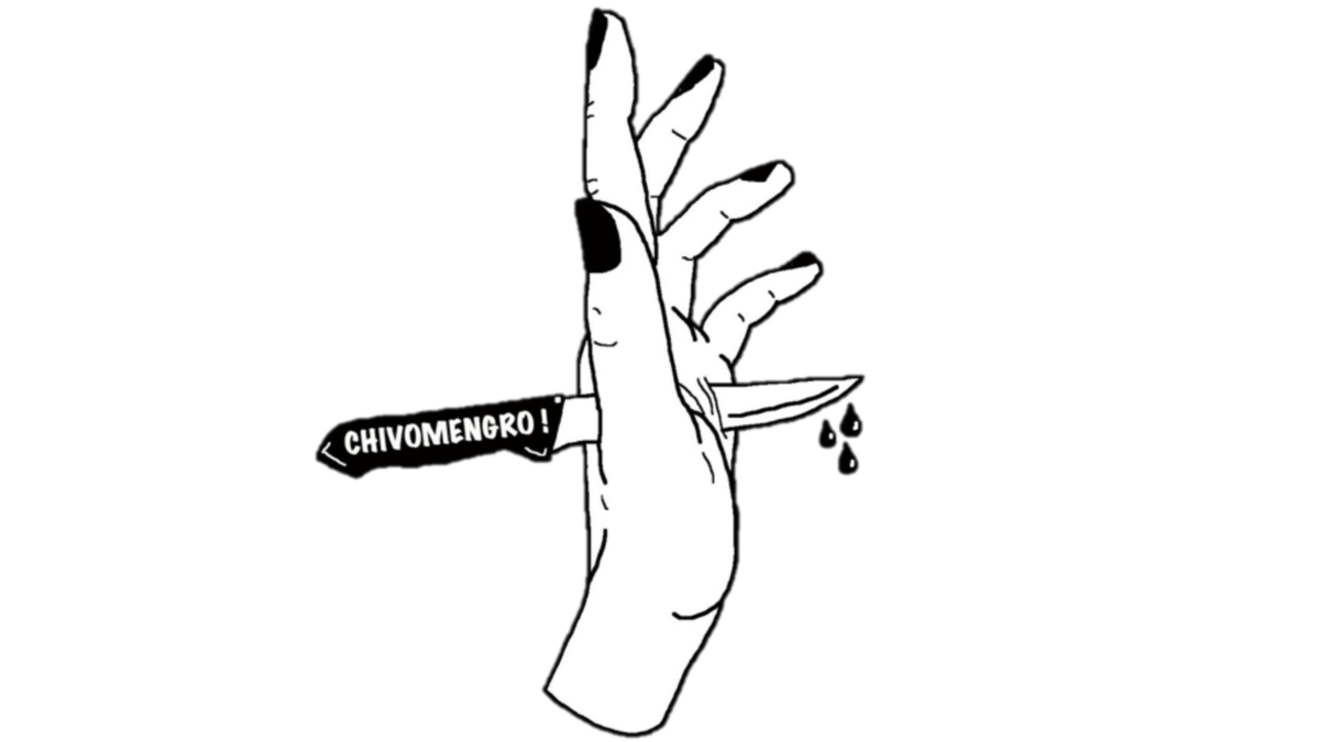 A digital transparent logo for chivomengro depicting a hand and the title of the publication stuck through it