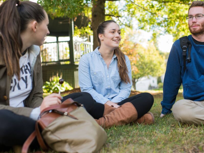 a group of students sitting in the grass having a conversation on campus