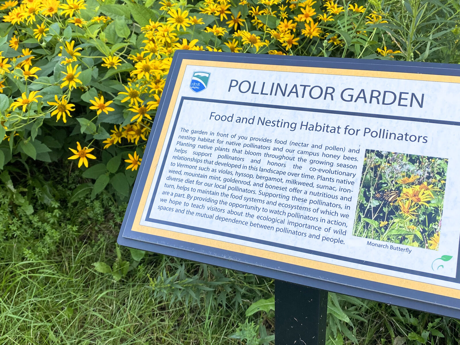 outdoor sign placed near flowers that talks about the pollinator garden