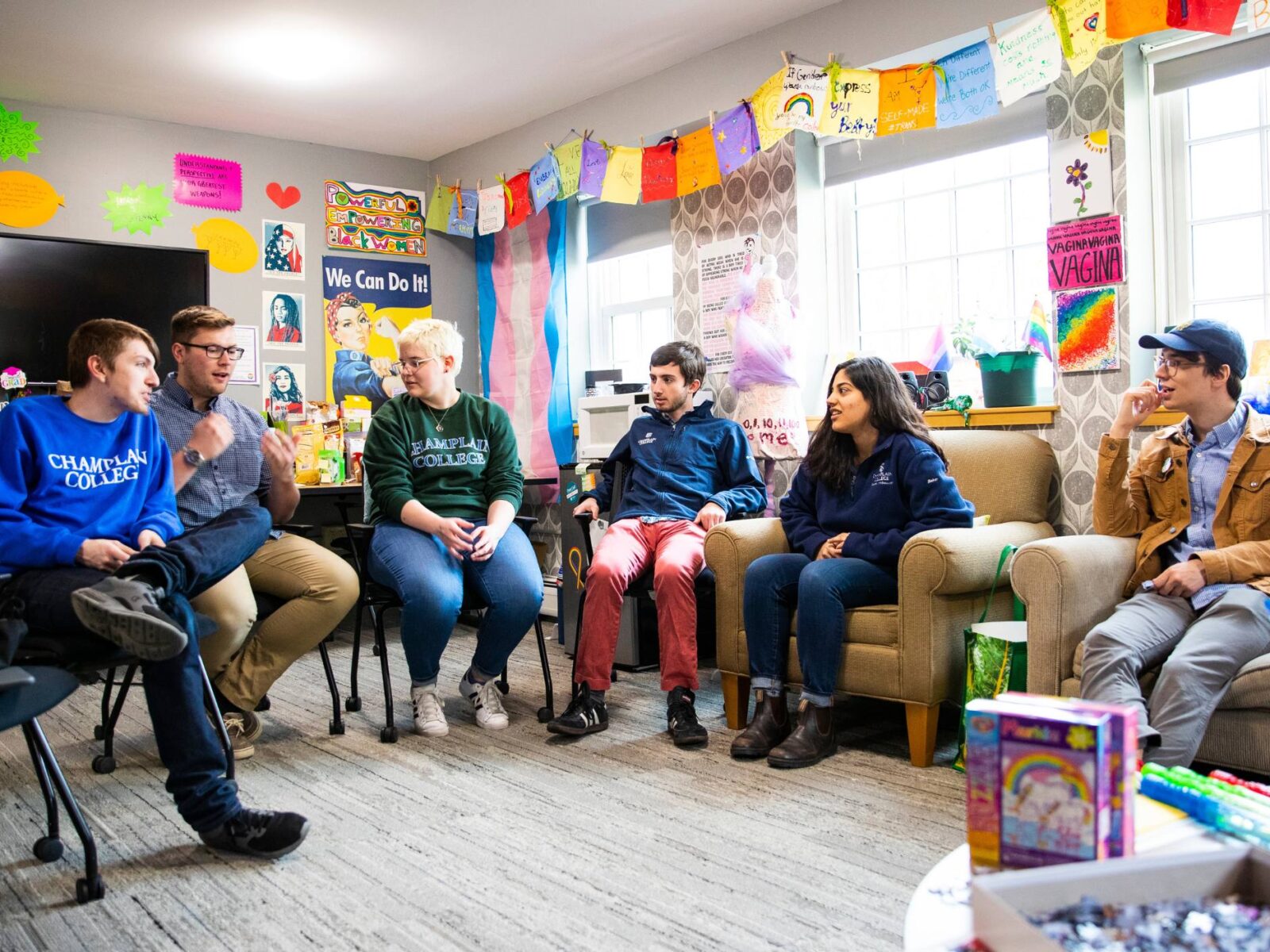 WGC interior, students meeting and discussing in a group