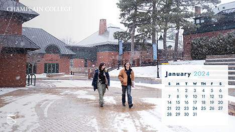 2024 January Calendar wallpaper showing student walking in snow on campus