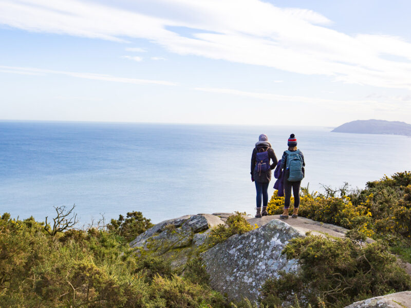 two students stand near the edge of a cliff looking out at the ocean
