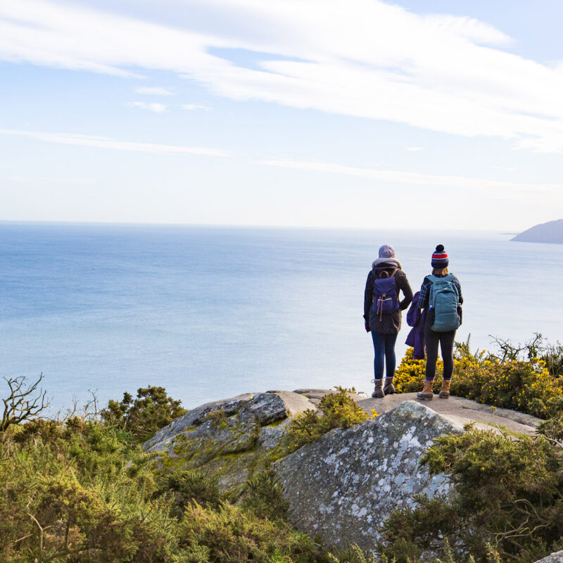 two students stand near the edge of a cliff looking out at the ocean