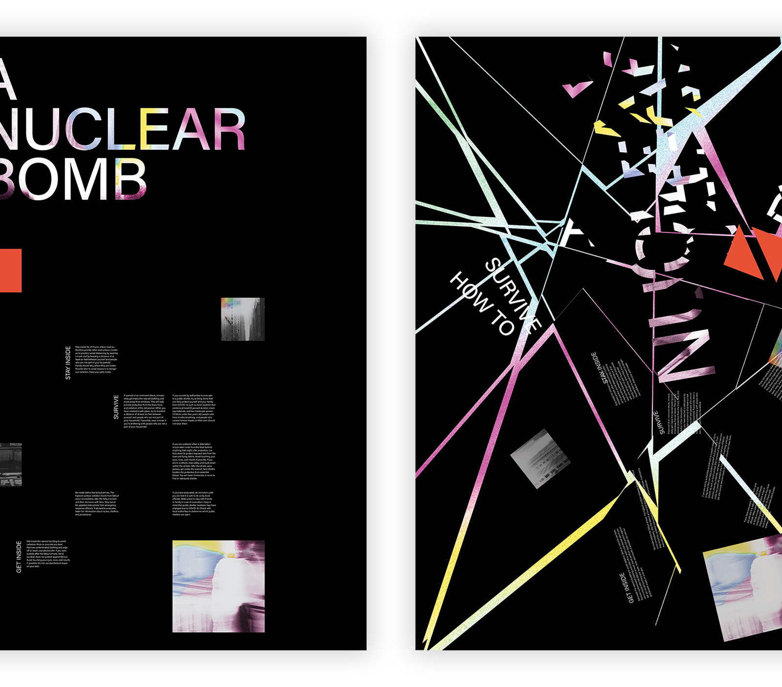 typographic design featuring notes and tips for survival during the event of a nuclear fallout, designed by a graphic design & visual communication student