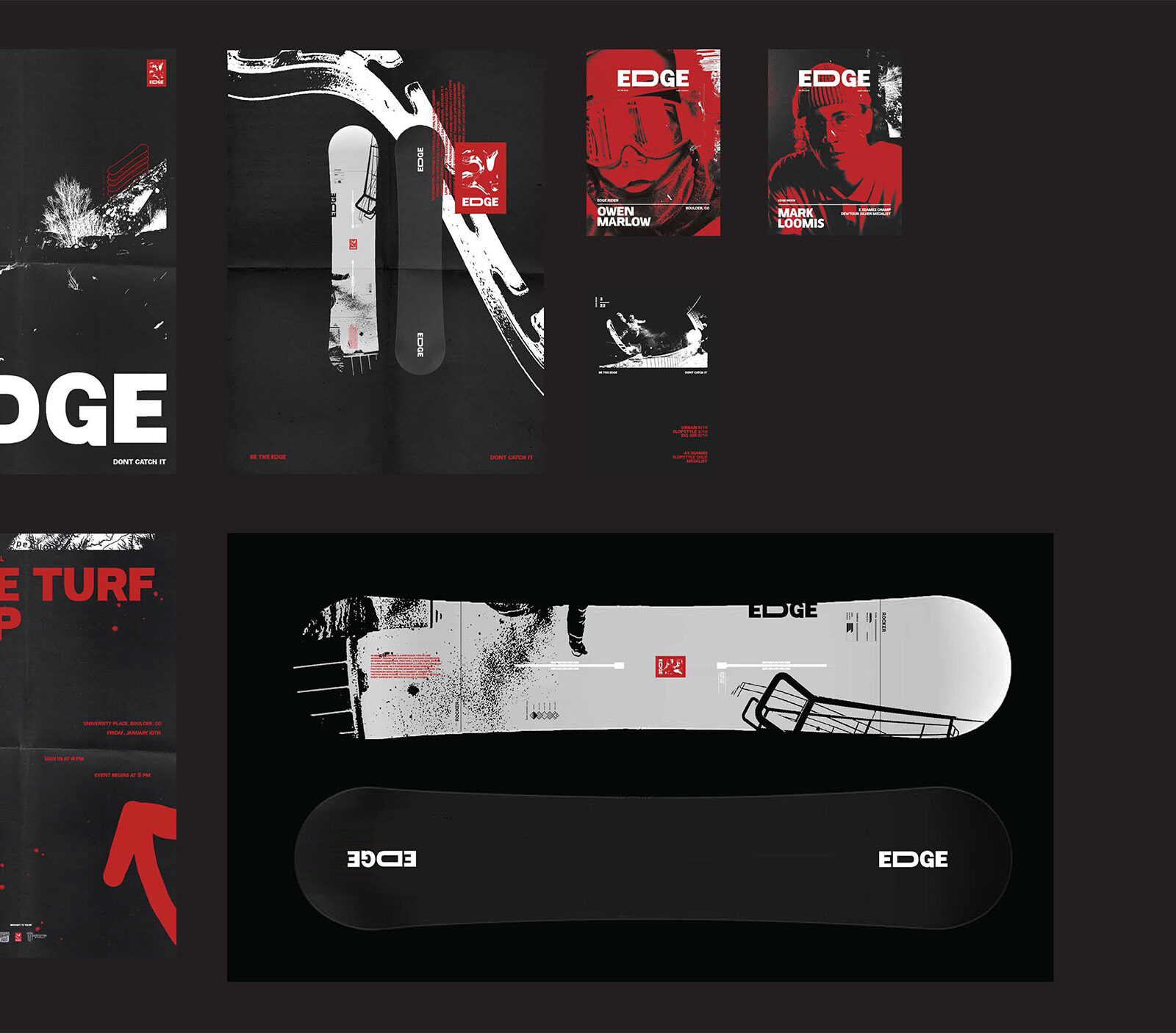 graphics for a theoretical snowboard lifestyle brand by a graphic design & visual communication student