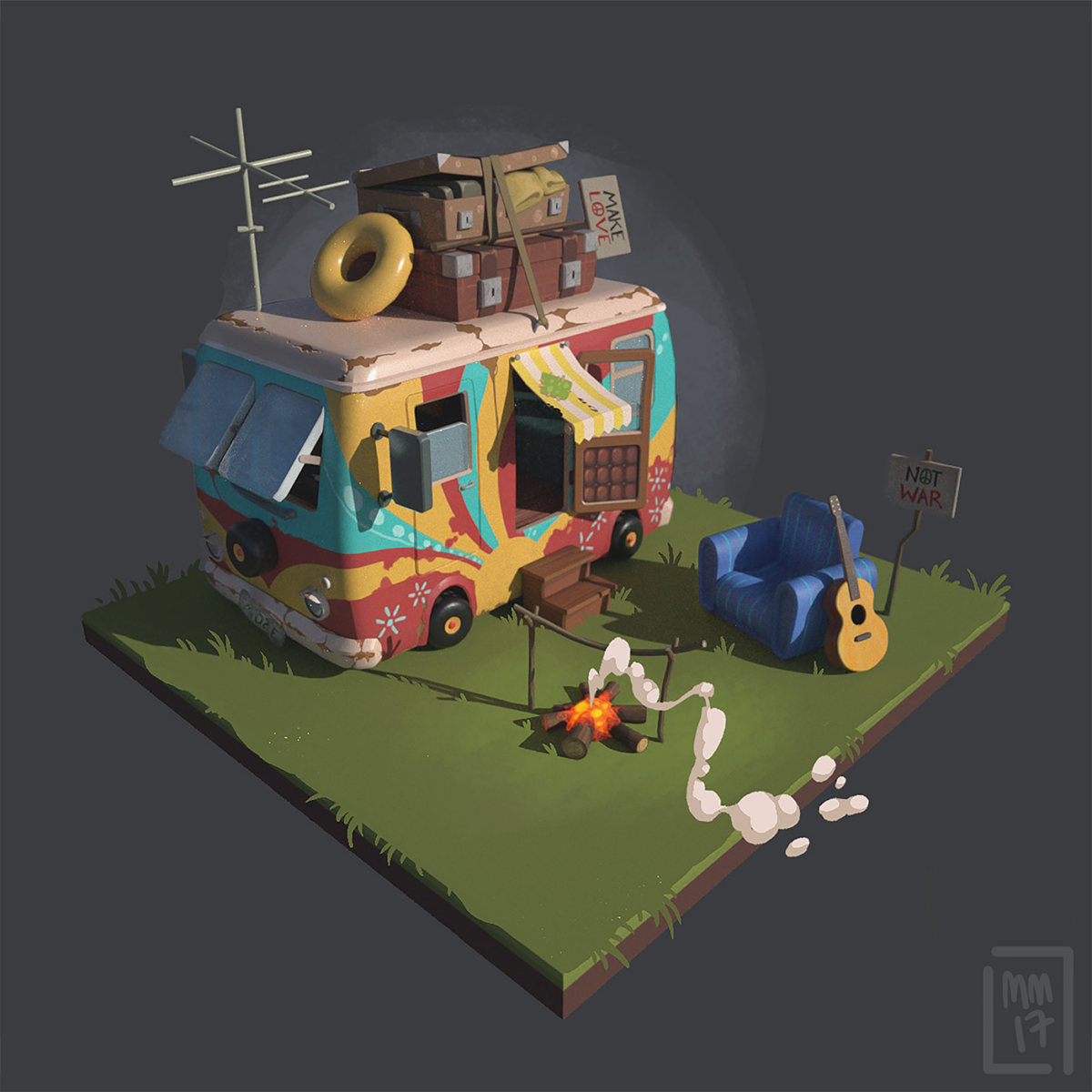 3d artwork of an old hippie van by a game art student