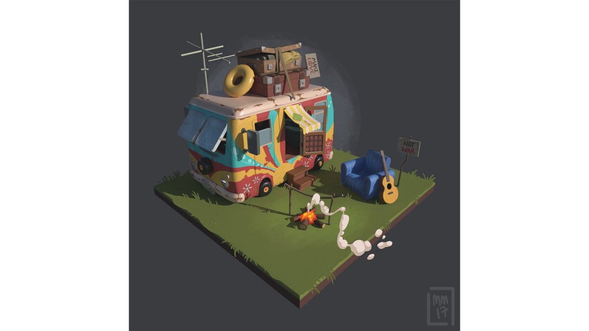 3d artwork of an old hippie van by a game art student