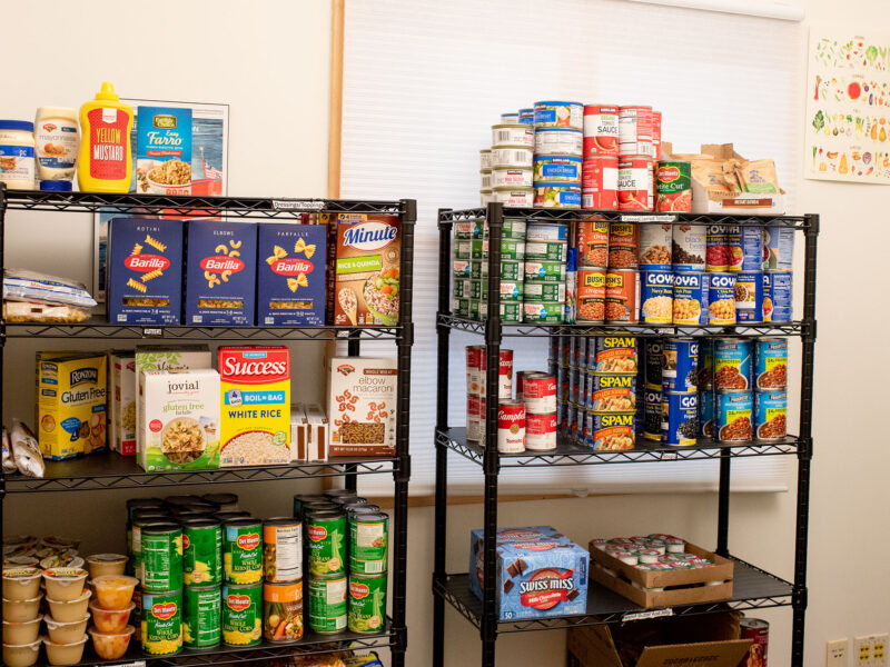 non-perishable food sits on two large shelves