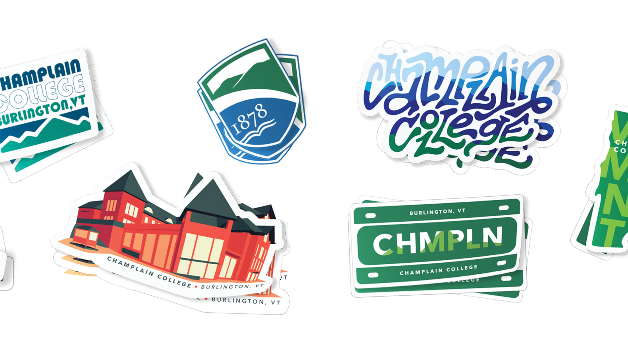 a set of five Champlain College themed stickers