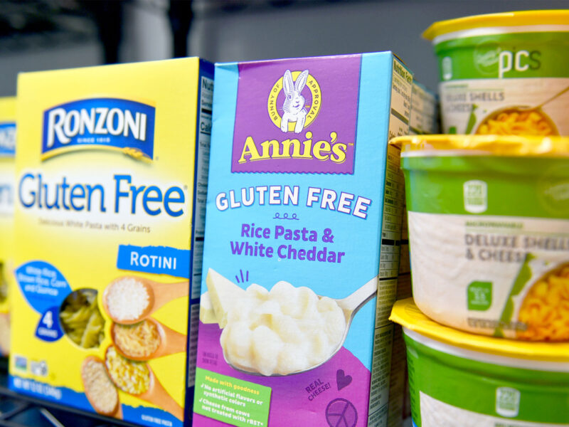 boxes of gluten free mac and cheese sit on shelves