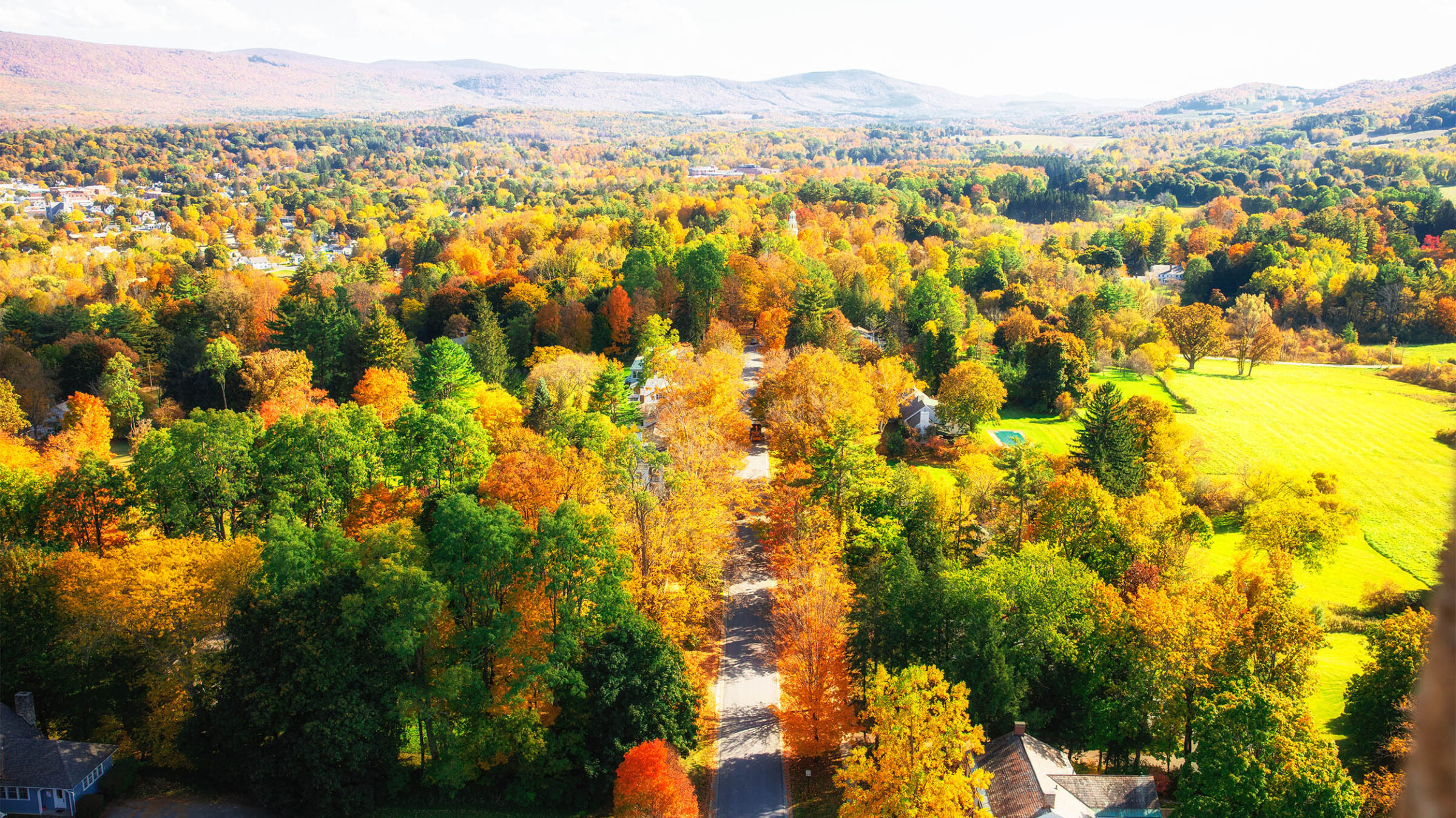 an aerial shot of vermont's fall foliage