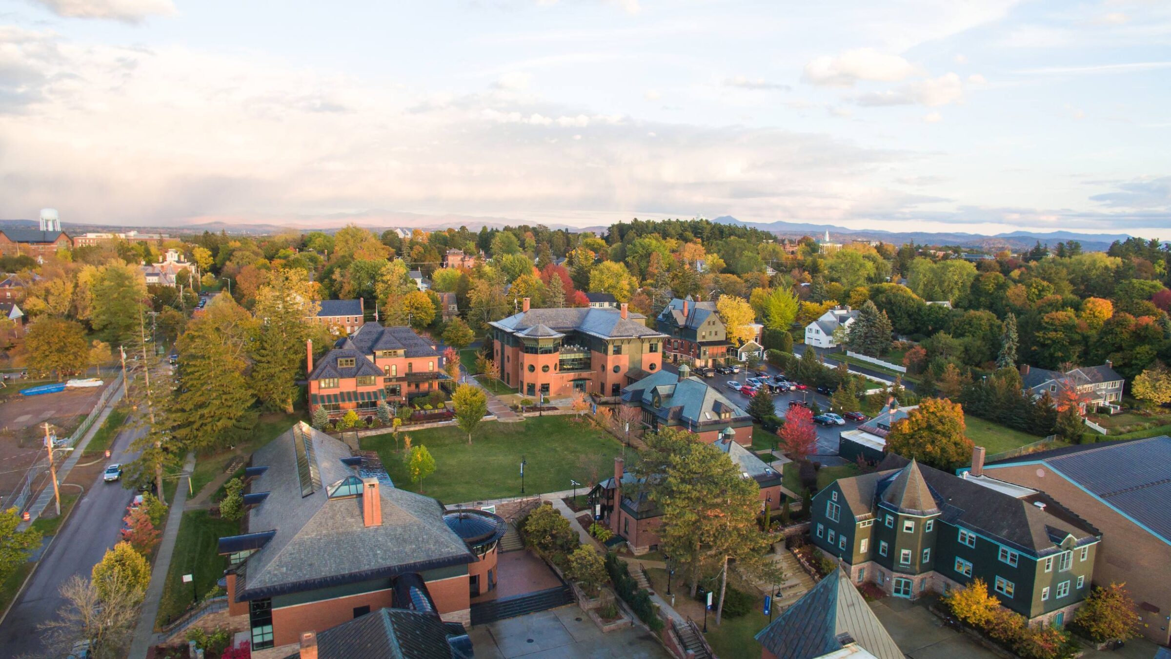 an aerial shot of campus in the fall