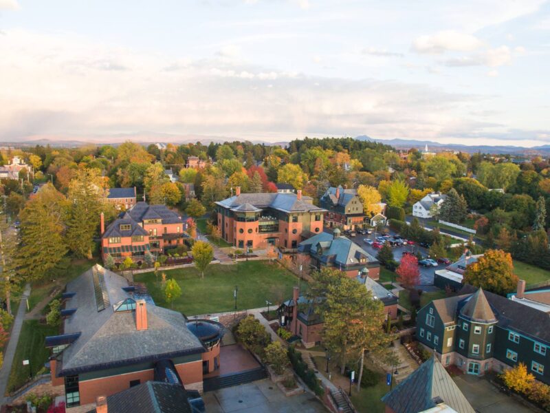 an aerial shot of campus in the fall
