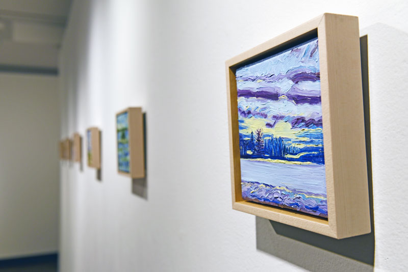 A variety of painting done by Ann DeMarle hanging on a white wall