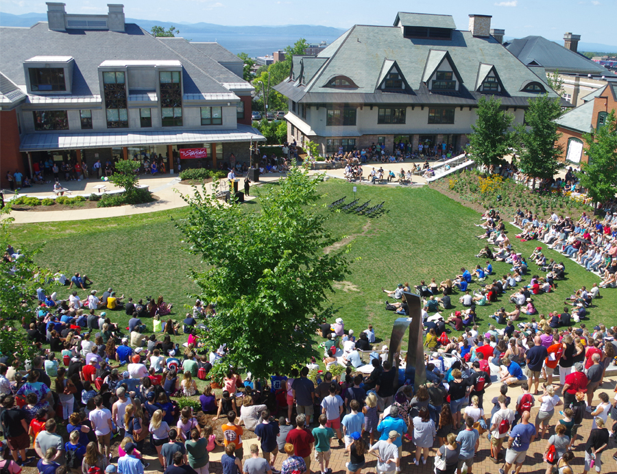 finny quad bustling with students and family members 