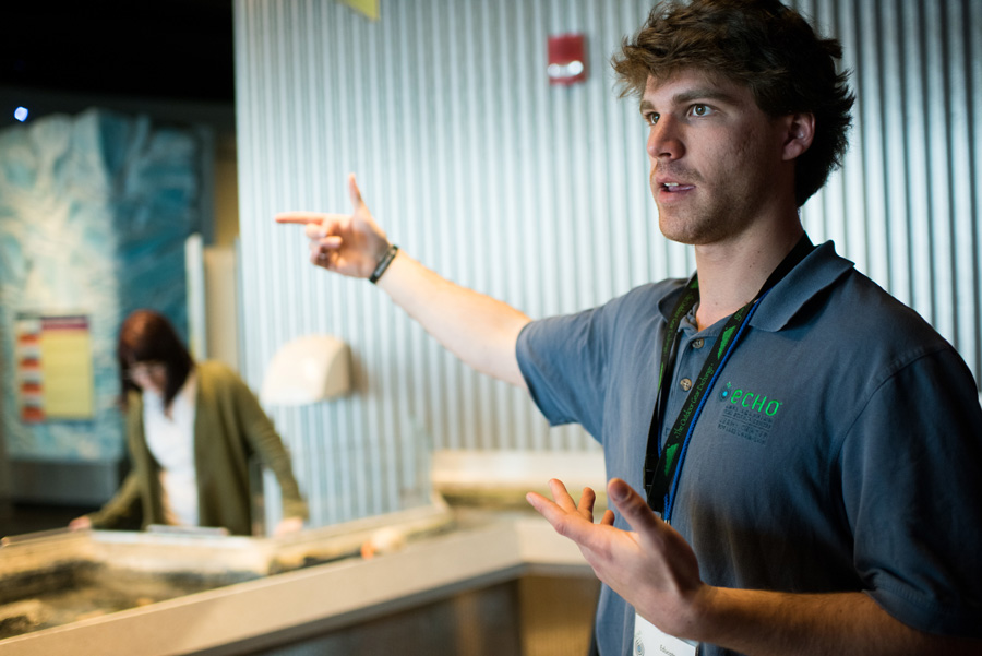 A Champlain student interns and teaches visitors about Lake Champlain aquatic life at The ECHO Leahy Center for Lake Champlain.