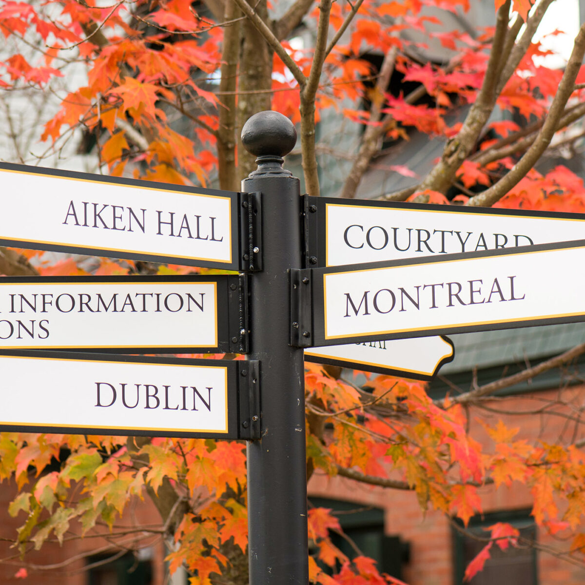 directional signs pointing in various directions including Montreal, Dublin, Miller Information Commons, Courtyard and Aiken Hall agains a backdrop of red-colored fall leaves
