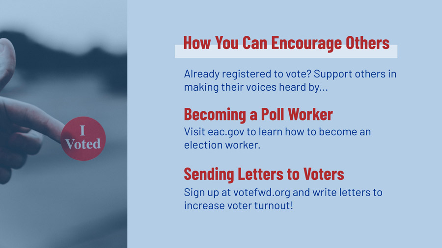 a graphic outlining how you can encourage others to vote, along with an image of a sticker reading "I Voted" 